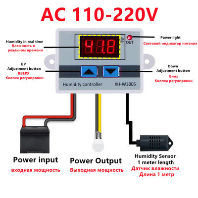 XH-W3005 DC 12V-220V 10A Controlador digital de umidade 0-99 RH Sistema de monitoramento de faixa