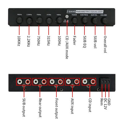 Equalizador de áudio de carro de 5 segmentos de 24 V com controle remoto e entrada auxiliar para ajuste preciso