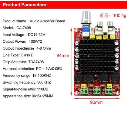 Tabela de amplificador de áudio de saída de 100 W com entrada DC14-34V e tecnologia de classe D