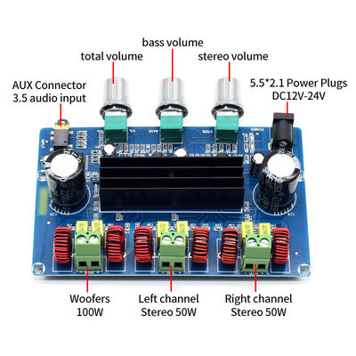 CA-3166B Quadro de amplificador de energia digital DC12-24V 50Wx2+100W com módulo de áudio Bluetooth 5.0 Classe D