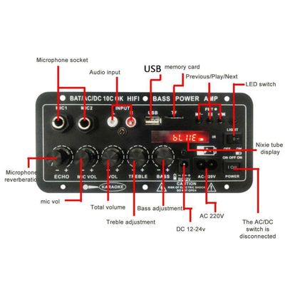 Amplificador de áudio mono para carro 24V/220V com microfone duplo de potência de 120W e Bluetooth para subwoofer e karaokê