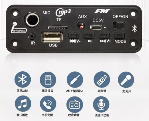 Card Style BT 5.0 FM Radio MP3/WAV Audio Decoder Board com Amplificador 2x3W e Gravador de Voz