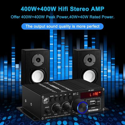 AK-380 USB SD Amplificador de Potência de Áudio 400W 2.0 CH HiFi Estéreo AMP Porta-vozes Bluetooth 5.0 Amp Receptor com controle remoto para casa