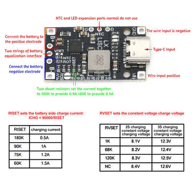 Tipo-C USB 2/3S BMS 15W 8.4V 12.6V 1.5A Bateria de lítio Modulo de reforço de carregamento com suporte equilibrado Carregamento rápido com indicador