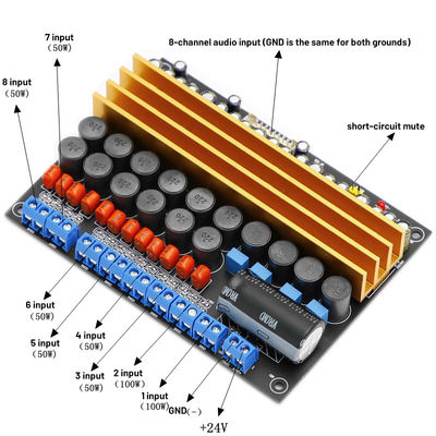 TPA3116 8-Channel Digital Power Amplifier Board 100W+100W+6*50W Classe D DC18V-24V para alto-falantes