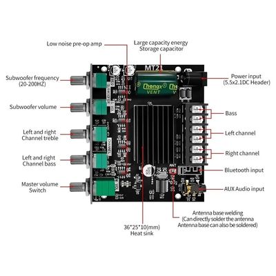 ZK-MT21 HiFi Digital Power Amplifier Board 100W+2*50W 2.1 Channel Subwoofer AUX 12/24V Áudio estéreo 5.0 Amp ZK-MT21