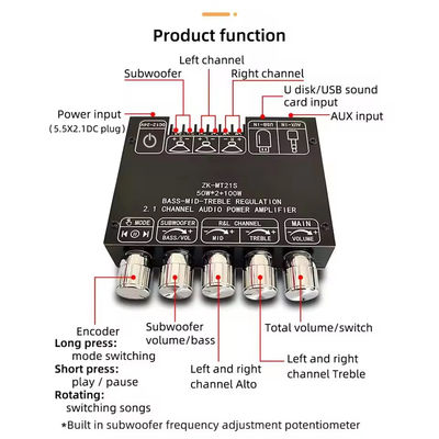 2.1 Subwoofer de canal AUX 12V 24V Áudio estéreo 5.1 Bass Amplificador de potência digital ZK-MT21S 2x50W 100W para adaptador DC