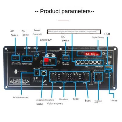 Recarregável Trolley Stereo Car Subwoofer Amplificador de Potência de Áudio PCB Board 2.0 Canal 12V com Design de Molde Privado