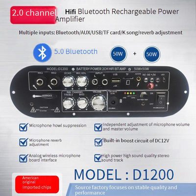 D1200 2.0 Canal 50W+50W BT Digital Amplifier Board 12V Recarregável para uso em casa em carro