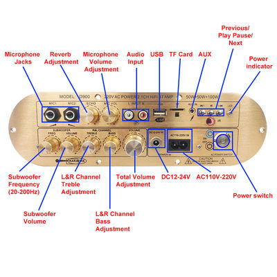 Amplificador doméstico de alta potência D900 2x50W + 100W com placa Bluetooth IC importada canal 2.1