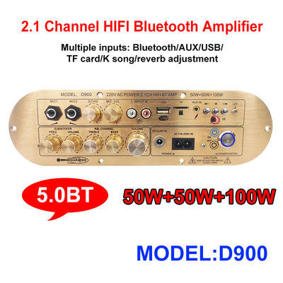 Amplificador doméstico de alta potência D900 2x50W + 100W com placa Bluetooth IC importada canal 2.1