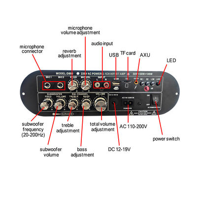 D800 Professional 2.0 Channel Bluetooth Digital Amplifier Board 12V Recarregável de Alta Potência para DJ/Karaoke