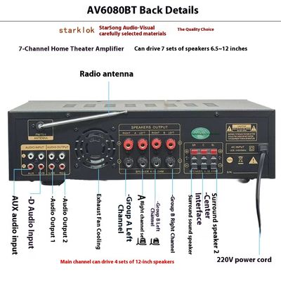 AV-6080BT 1000W Amplificador de 7 Canais Impedância Fixa Home Car Metal Receptores USB Flash SD Card BT Wireless Player Global