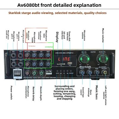 AV-6080BT 1000W Amplificador de 7 Canais Impedância Fixa Home Car Metal Receptores USB Flash SD Card BT Wireless Player Global
