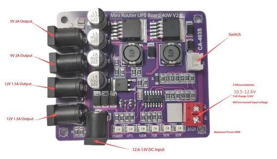 CA-403S Mini Router Uninterruptible Power Supply Board com 40W de saída 11,1V de entrada de bateria e proteção contra curto-circuito