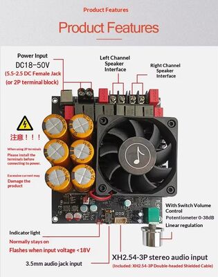 Placa Amplificadora Estéreo Classe D com Resfriamento por Ventilador Dual TPA3255 de 600W+600W DC18-50V