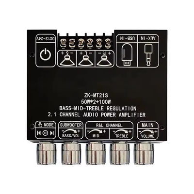 2.1 Subwoofer de canal AUX 12V 24V Áudio estéreo 5.1 Bass Amplificador de potência digital ZK-MT21S 2x50W 100W para adaptador DC